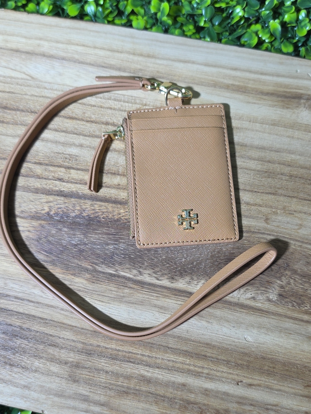 Tory Burch Beige/Tan Card & ID Lanyard with Gold Logo